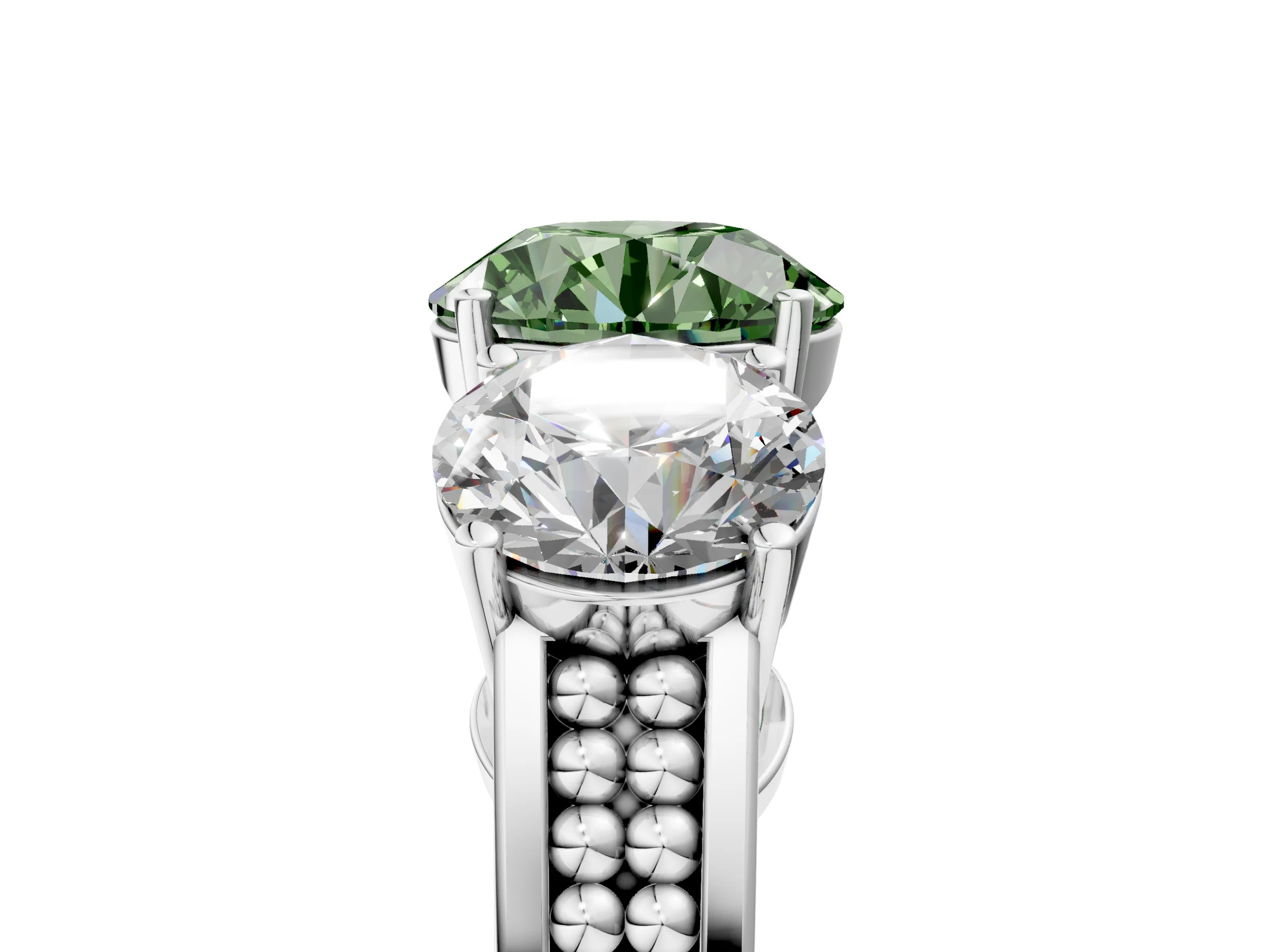 White gold Fancy Green Round Cut Diamond Three-Stone Ring with Prong Setting and Textured Band_5