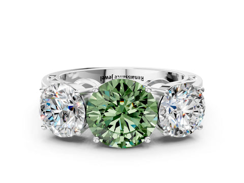 White gold Fancy Green Round Cut Diamond Three-Stone Ring with Prong Setting and Textured Band