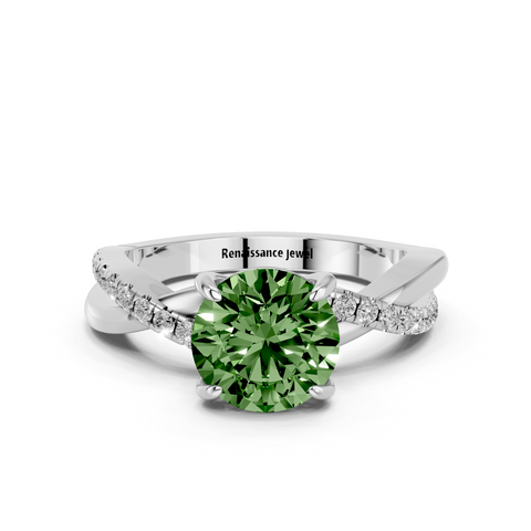 White gold Fancy Green Round  Cut Diamond Twist Band Solitaire with Prong Setting_11
