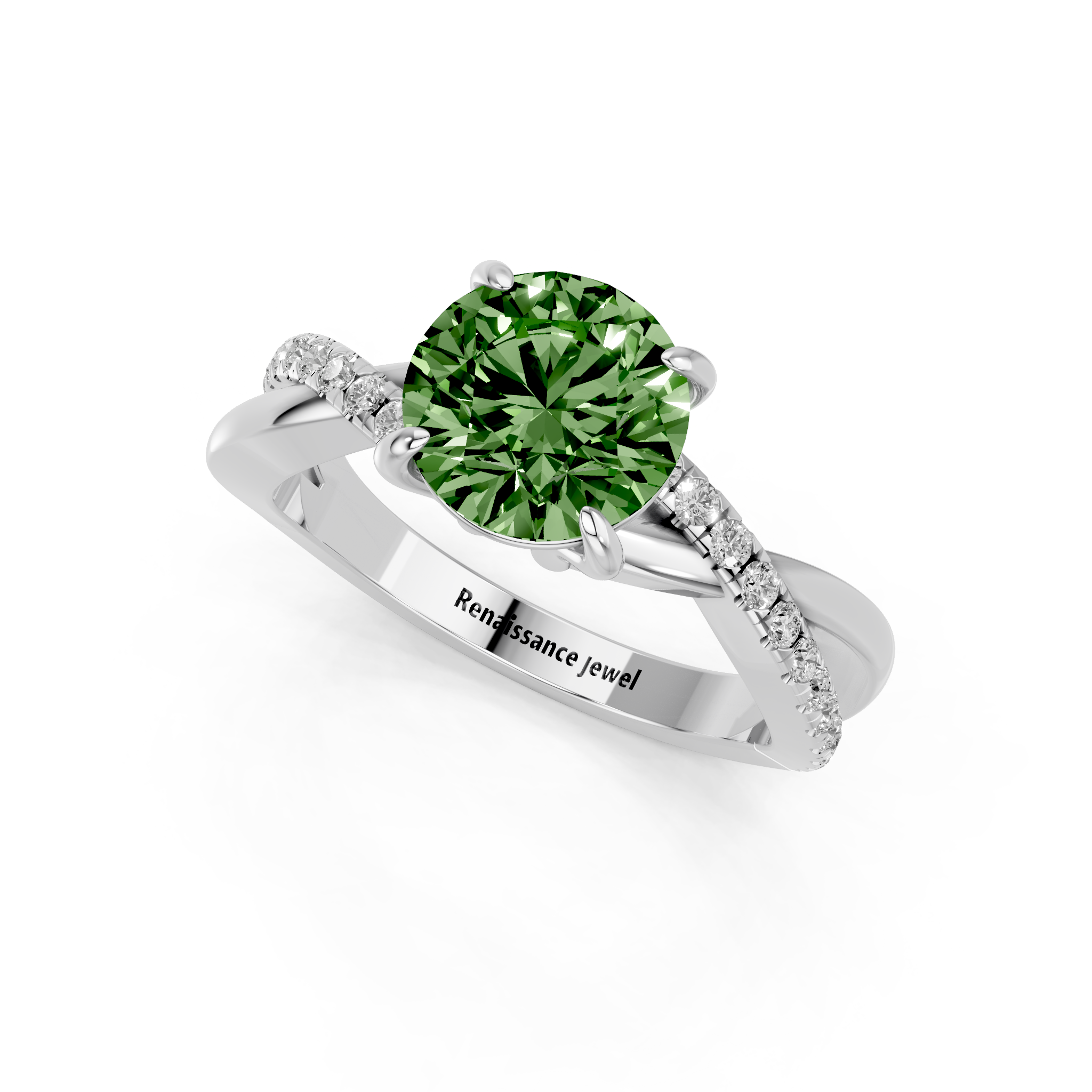 White gold Fancy Green Round  Cut Diamond Twist Band Solitaire with Prong Setting_3