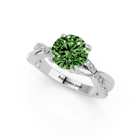 White gold Fancy Green Round  Cut Diamond Twist Band Solitaire with Prong Setting_3