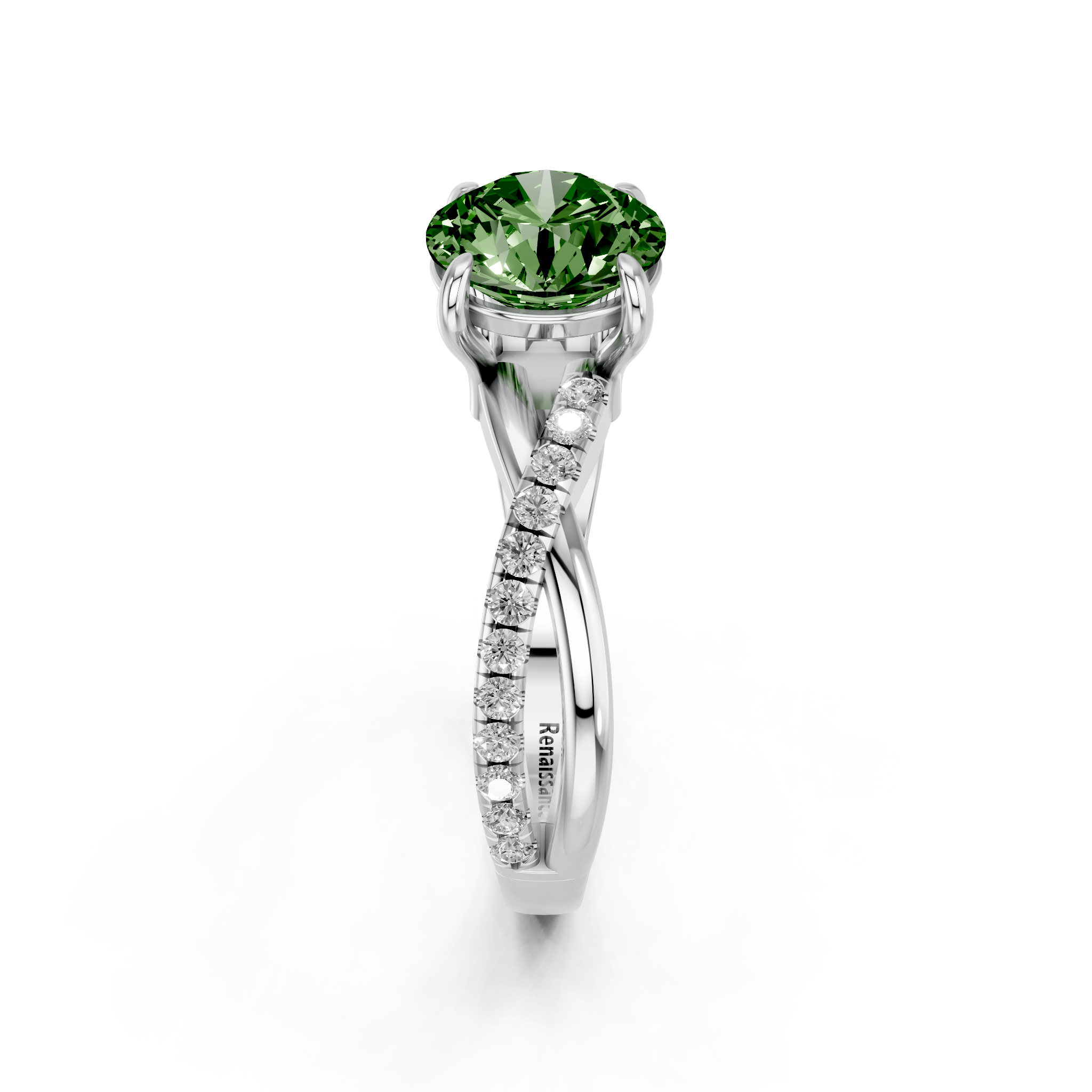 White gold Fancy Green Round  Cut Diamond Twist Band Solitaire with Prong Setting_4