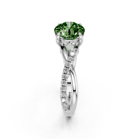White gold Fancy Green Round  Cut Diamond Twist Band Solitaire with Prong Setting_4