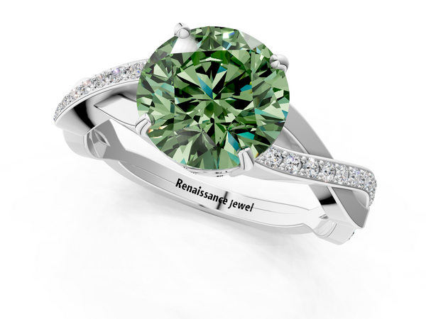 White gold Fancy Green Round  Cut Diamond Twisted Band Engagement Ring with Prong Setting