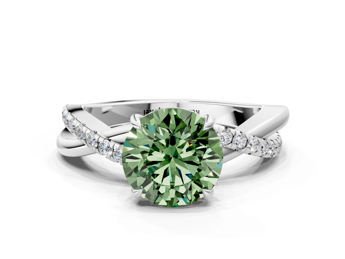 White gold Fancy Green Round  Cut Diamond Twisted Band with Pavé Setting and Four-Prong Setting_20