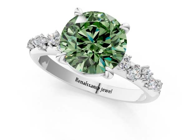 Platinum Fancy Green Round  Cut Diamond Vine Band with Four-Prong Setting