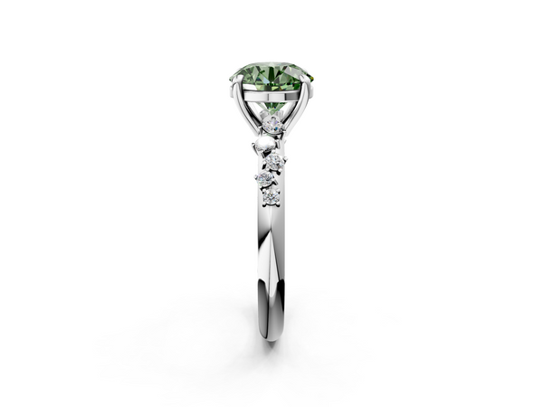 Platinum Fancy Green Round  Cut Diamond Vine Band with Four-Prong Setting