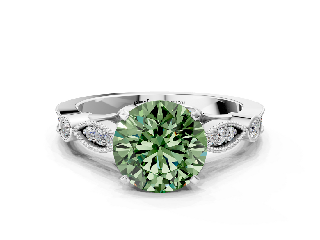 White gold Fancy Green Round  Cut Diamond with Milgrain Marquise and Bezel Accents on a Solitaire Band with Prong Setting_190
