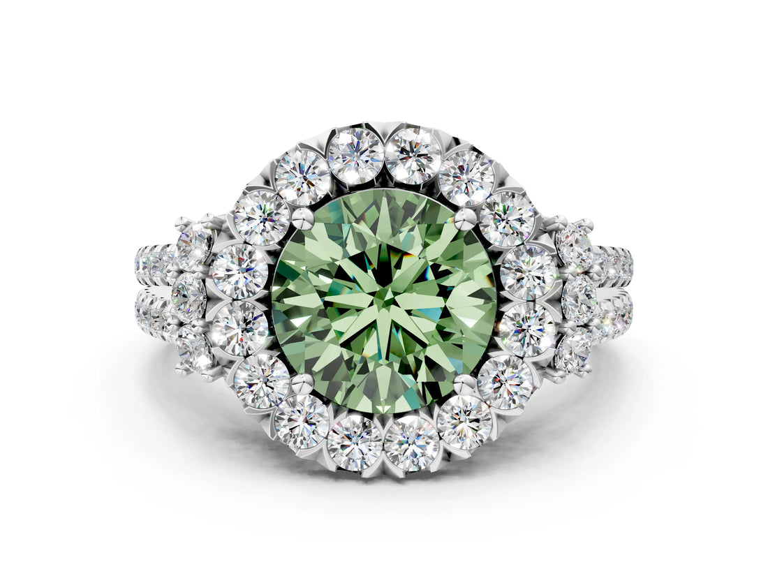 White gold Fancy Green Round  Cut Double Halo Diamond Engagement Ring with Pave Band and Four-Prong Setting_55