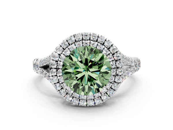 White gold Fancy Green Round  Cut Double Halo Split Shank Diamond Ring with Prong Setting