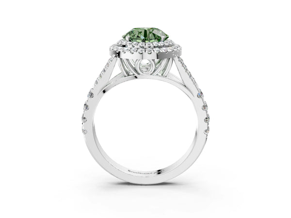 White gold Fancy Green Round  Cut Double Halo Split Shank Diamond Ring with Prong Setting
