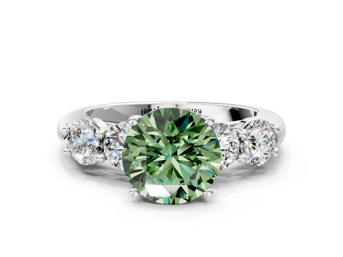 White gold Fancy Green Round  Cut Five-Stone Prong Set Diamond Ring with Classic Band_140