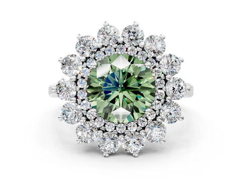 White gold Fancy Green Round Cut Halo Cluster Diamond Ring with Pave Band and Four-Prong Setting_12