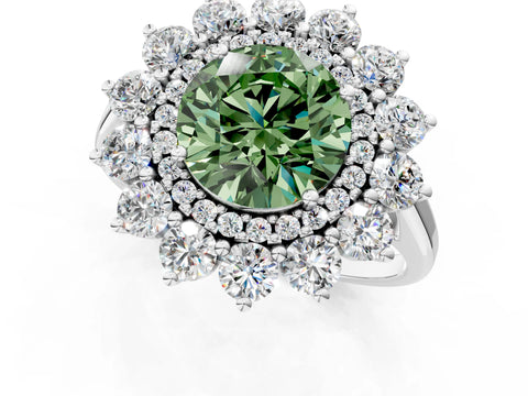 White gold Fancy Green Round Cut Halo Cluster Diamond Ring with Pave Band and Four-Prong Setting_13