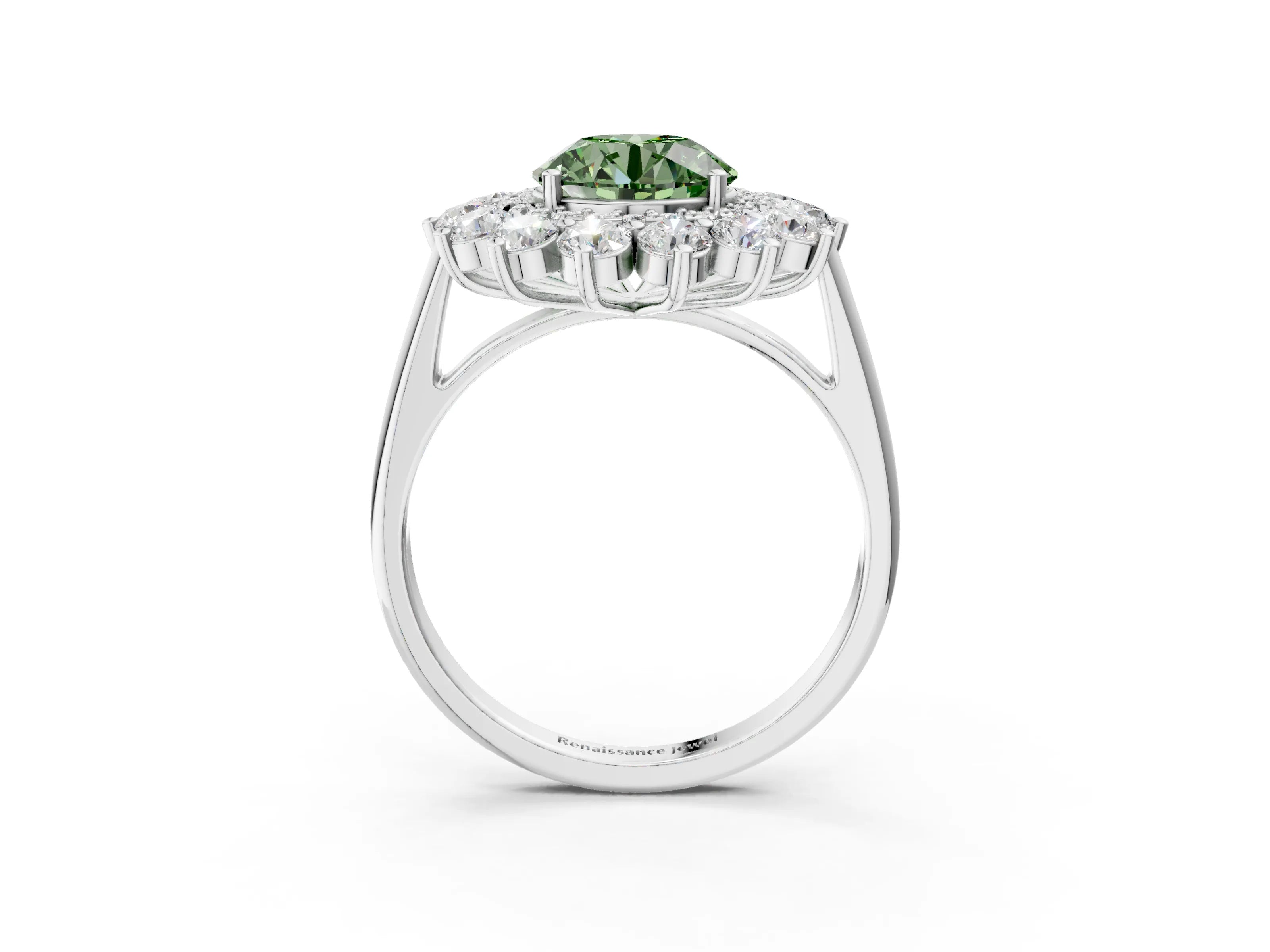 White gold Fancy Green Round Cut Halo Cluster Diamond Ring with Pave Band and Four-Prong Setting_15