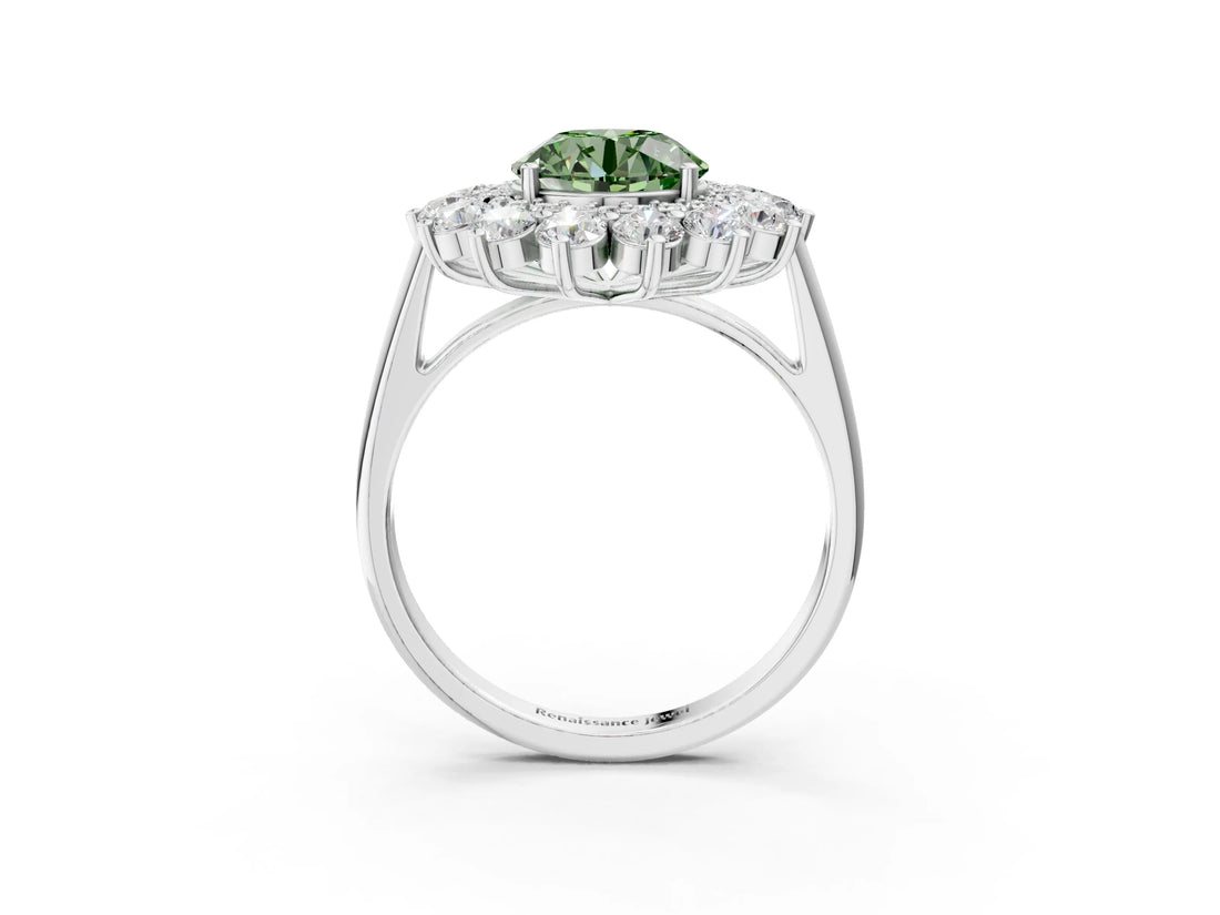 White gold Fancy Green Round Cut Halo Cluster Diamond Ring with Pave Band and Four-Prong Setting_15