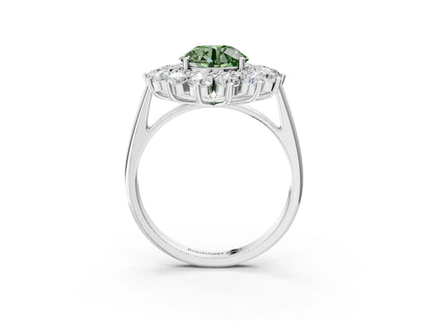 White gold Fancy Green Round Cut Halo Cluster Diamond Ring with Pave Band and Four-Prong Setting_15