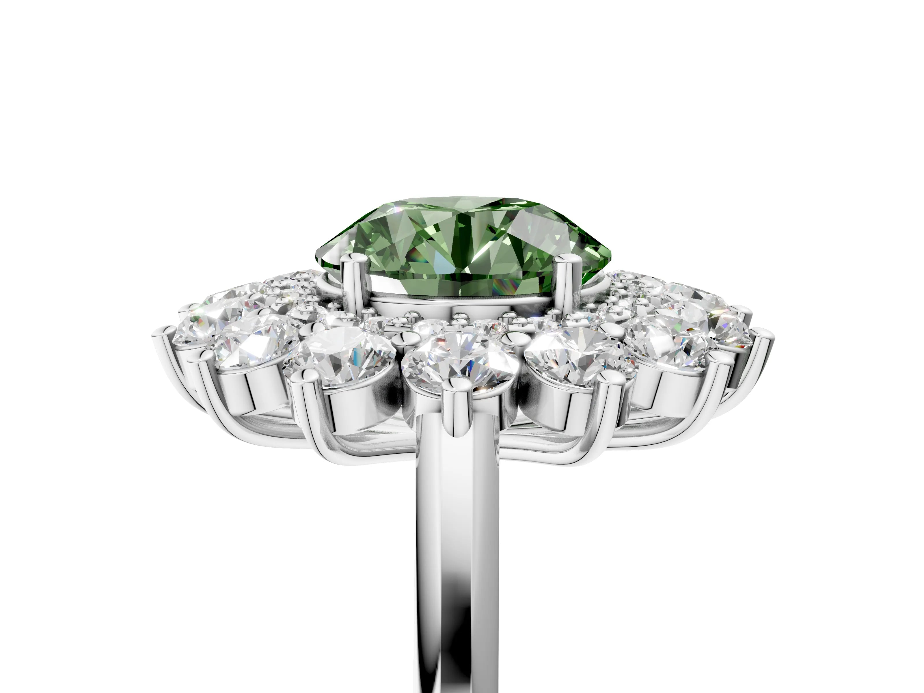 White gold Fancy Green Round Cut Halo Cluster Diamond Ring with Pave Band and Four-Prong Setting_17