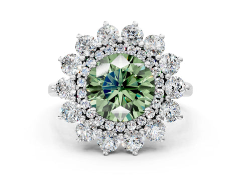 White gold Fancy Green Round Cut Halo Cluster Diamond Ring with Pave Band and Four-Prong Setting_18