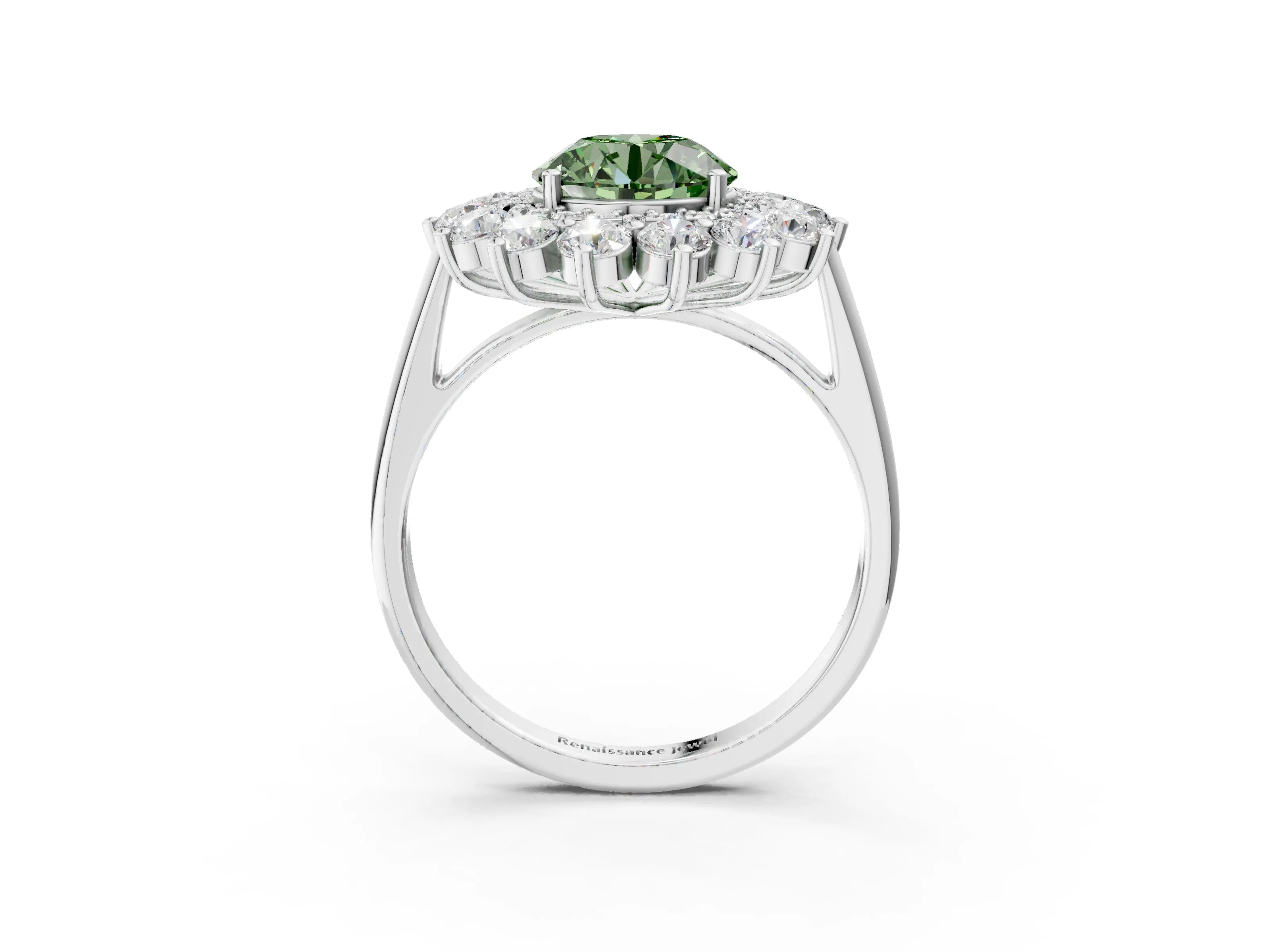 White gold Fancy Green Round Cut Halo Cluster Diamond Ring with Pave Band and Four-Prong Setting_21