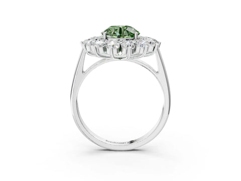 White gold Fancy Green Round Cut Halo Cluster Diamond Ring with Pave Band and Four-Prong Setting_21