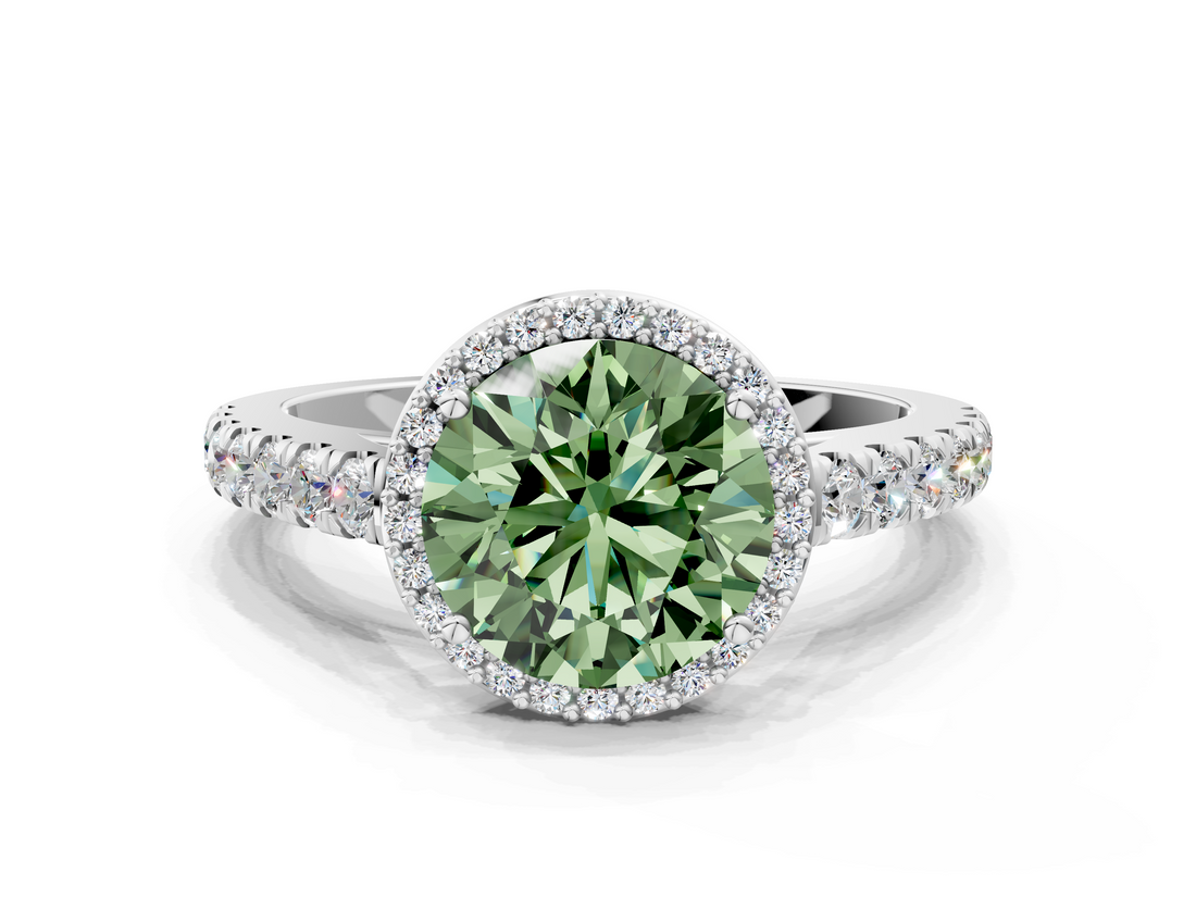 White gold Fancy Green Round  Cut Halo Diamond Engagement Ring with Pave Band and Four-Prong Setting_28