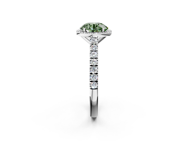 Platinum Fancy Green Round  Cut Halo Diamond Engagement Ring with Pave Band and Four-Prong Setting