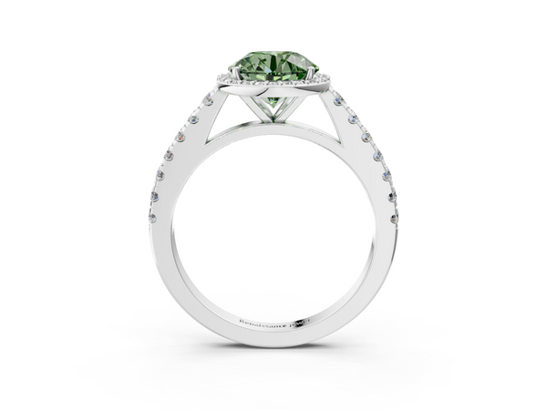 Platinum Fancy Green Round  Cut Halo Diamond Engagement Ring with Pave Band and Four-Prong Setting