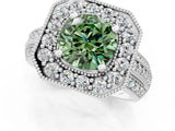 White gold Fancy Green Round Cut Halo Diamond Engagement Ring with Pave Split Shank and Four-Prong Setting_7