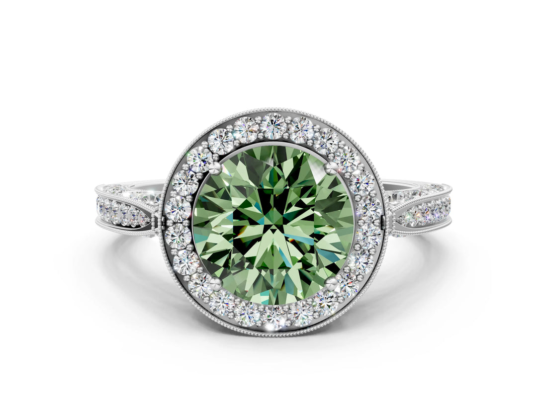 White gold Fancy Green Round Cut Halo Diamond Engagement Ring with Split Shank Band and Four-Prong Setting_12