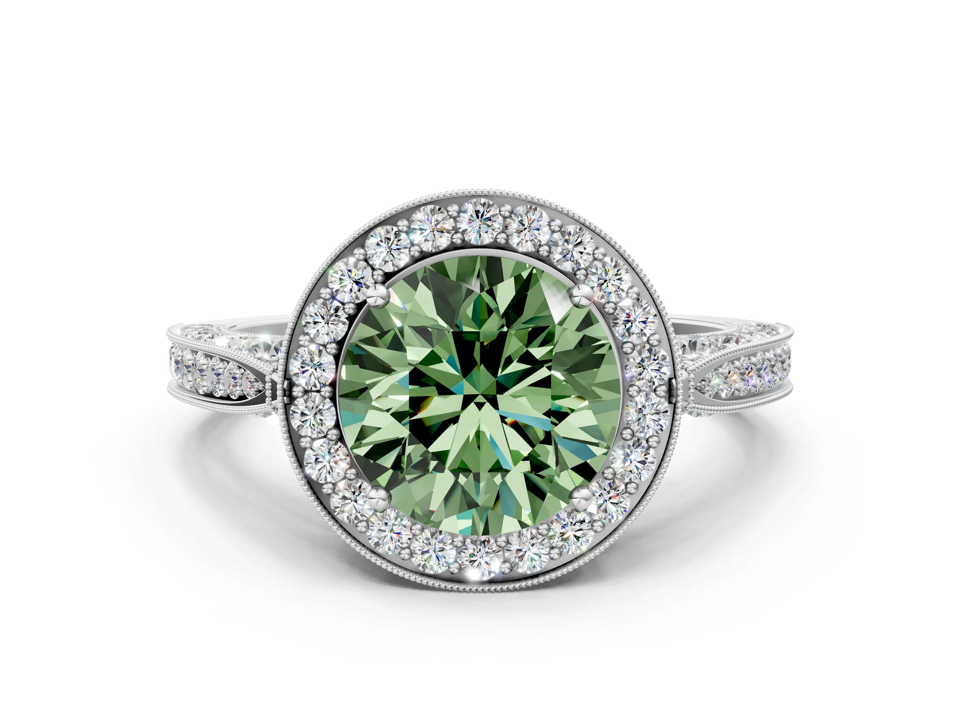 White gold Fancy Green Round Cut Halo Diamond Engagement Ring with Split Shank Band and Four-Prong Setting_12