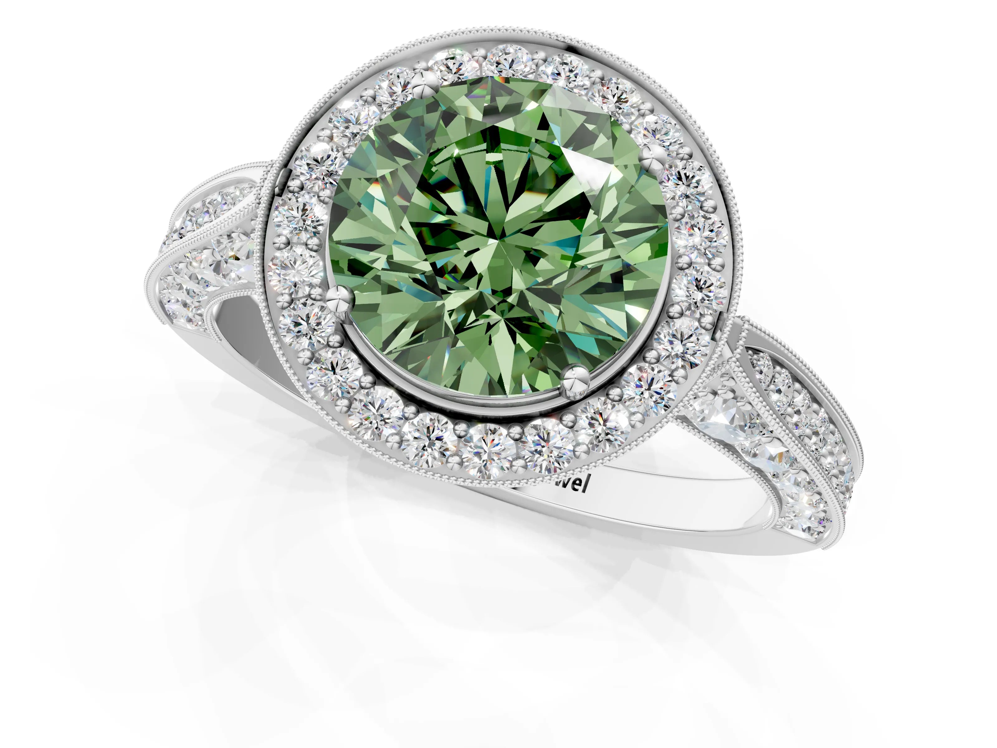 White gold Fancy Green Round Cut Halo Diamond Engagement Ring with Split Shank Band and Four-Prong Setting_13