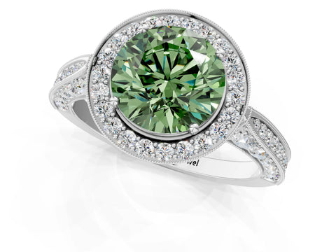 White gold Fancy Green Round Cut Halo Diamond Engagement Ring with Split Shank Band and Four-Prong Setting_13