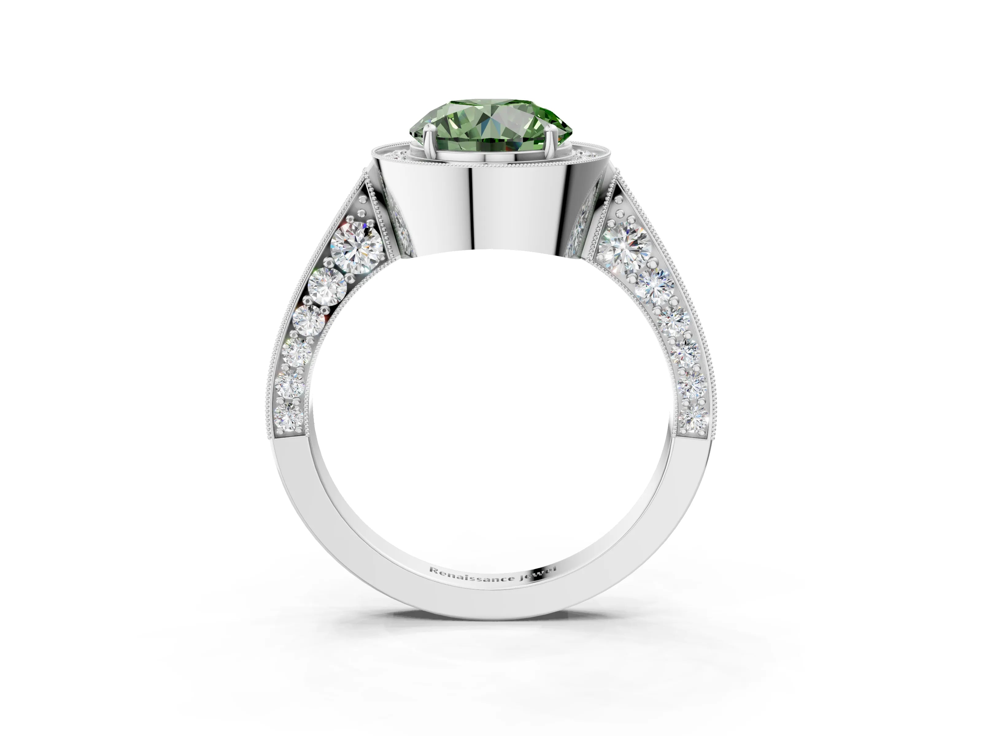 White gold Fancy Green Round Cut Halo Diamond Engagement Ring with Split Shank Band and Four-Prong Setting_15