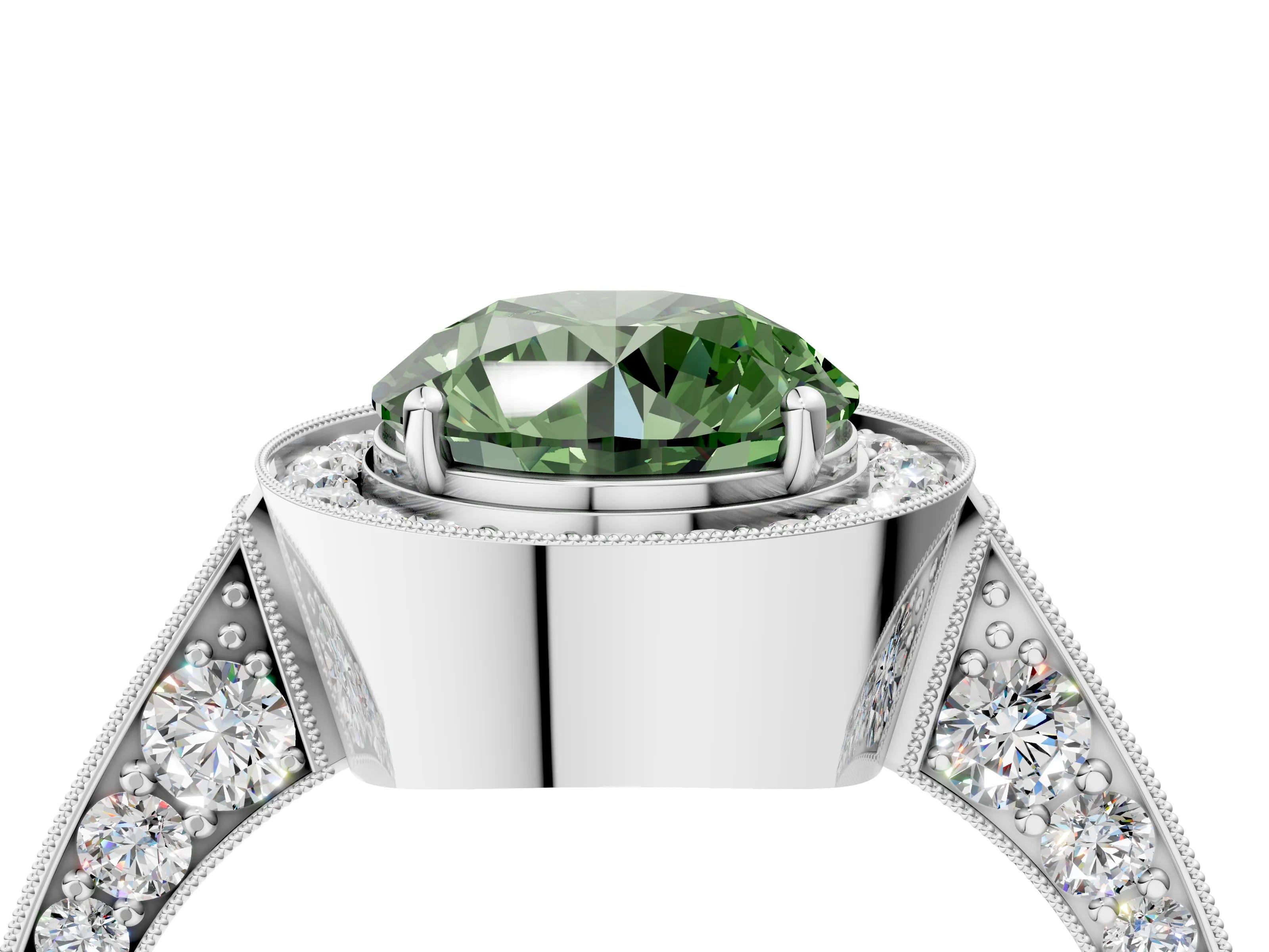White gold Fancy Green Round Cut Halo Diamond Engagement Ring with Split Shank Band and Four-Prong Setting_16