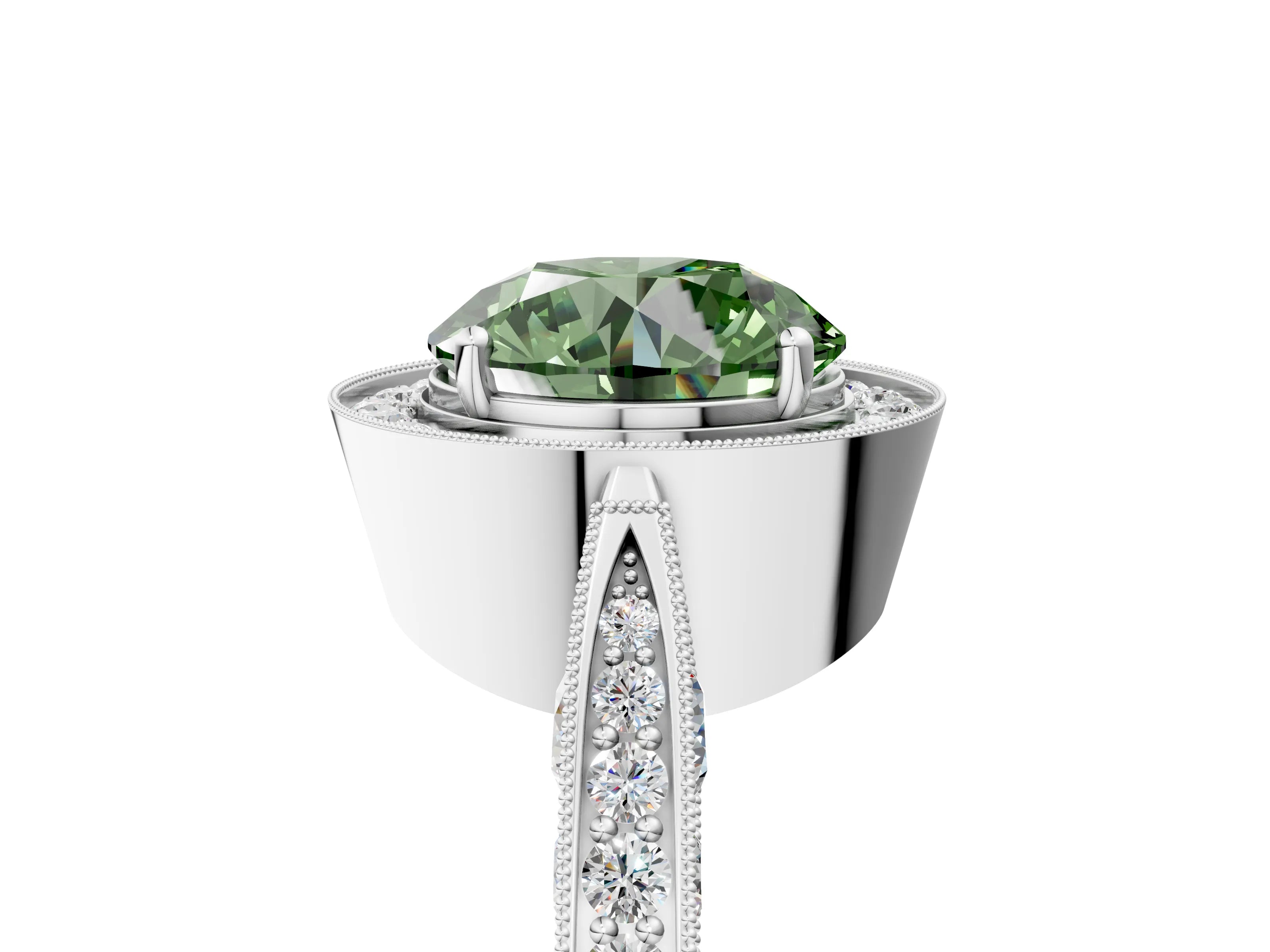 White gold Fancy Green Round Cut Halo Diamond Engagement Ring with Split Shank Band and Four-Prong Setting_17