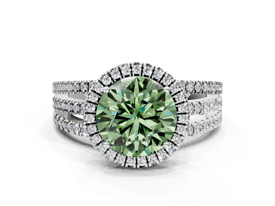 White gold Fancy Green Round  Cut Halo Diamond Engagement Ring with Split Shank and Four-Prong Setting_20