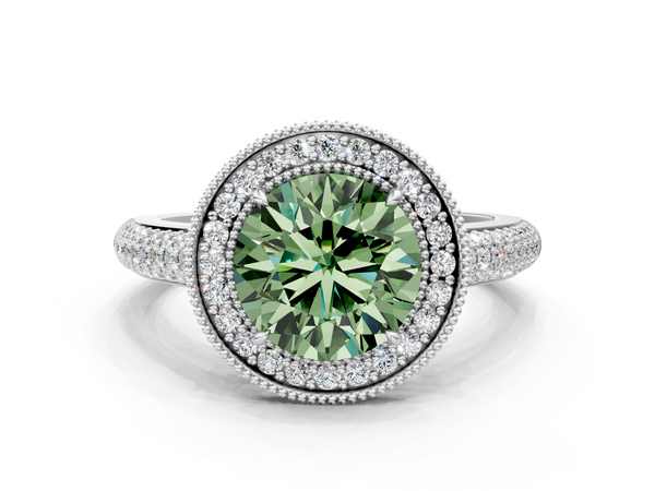Platinum Fancy Green Round  Cut Halo Diamond Pave Band with Four-Prong Setting