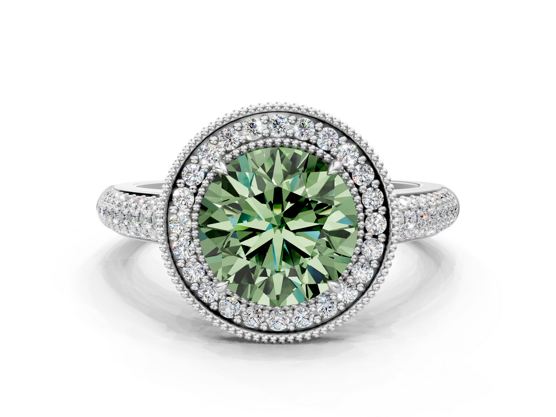 White gold Fancy Green Round  Cut Halo Diamond Pave Band with Four-Prong Setting_37