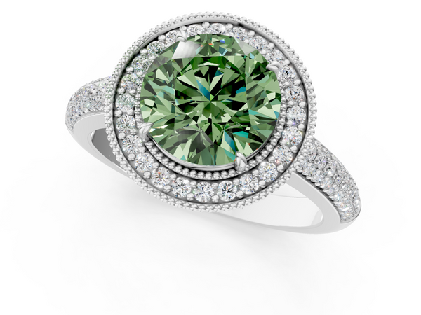 Platinum Fancy Green Round  Cut Halo Diamond Pave Band with Four-Prong Setting