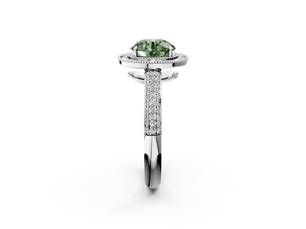 Platinum Fancy Green Round  Cut Halo Diamond Pave Band with Four-Prong Setting