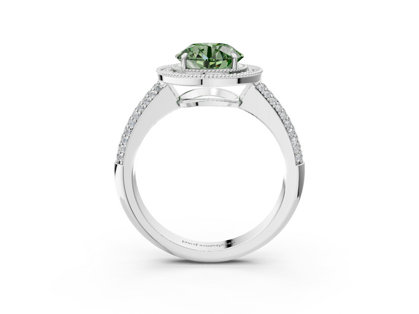 Platinum Fancy Green Round  Cut Halo Diamond Pave Band with Four-Prong Setting
