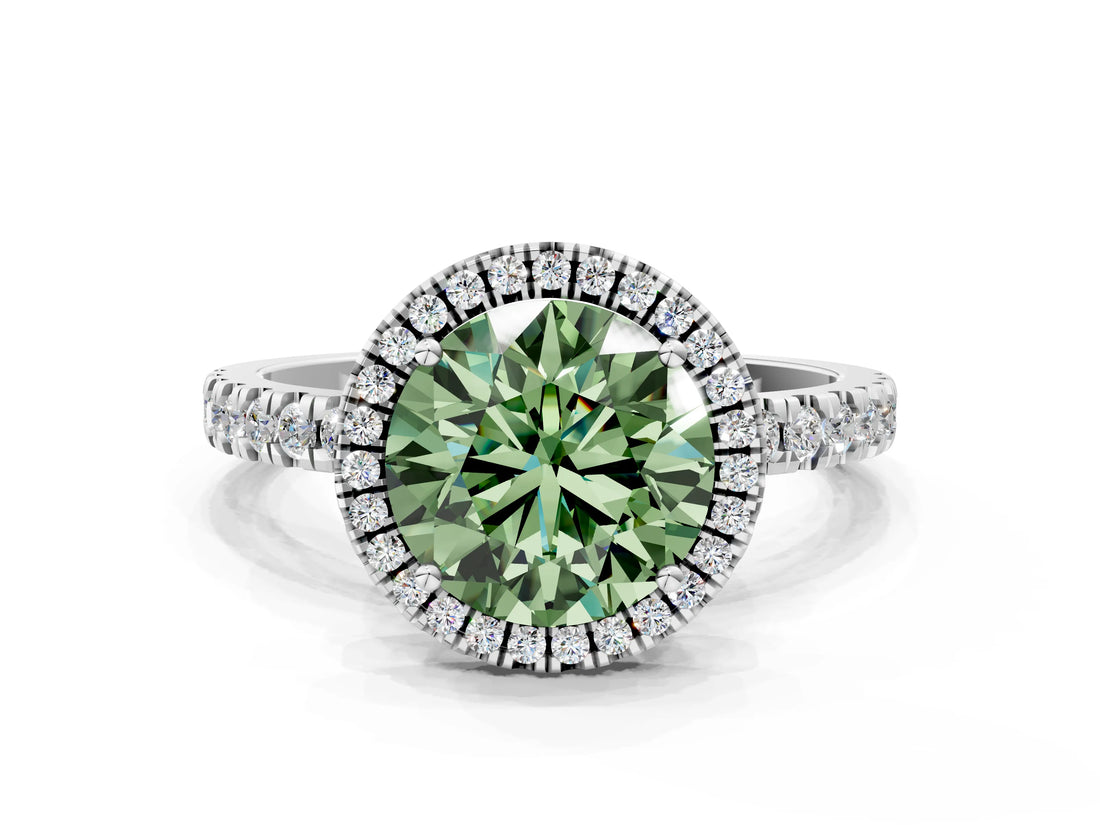White gold Fancy Green Round Cut Halo Diamond Pave Band with Prong Setting