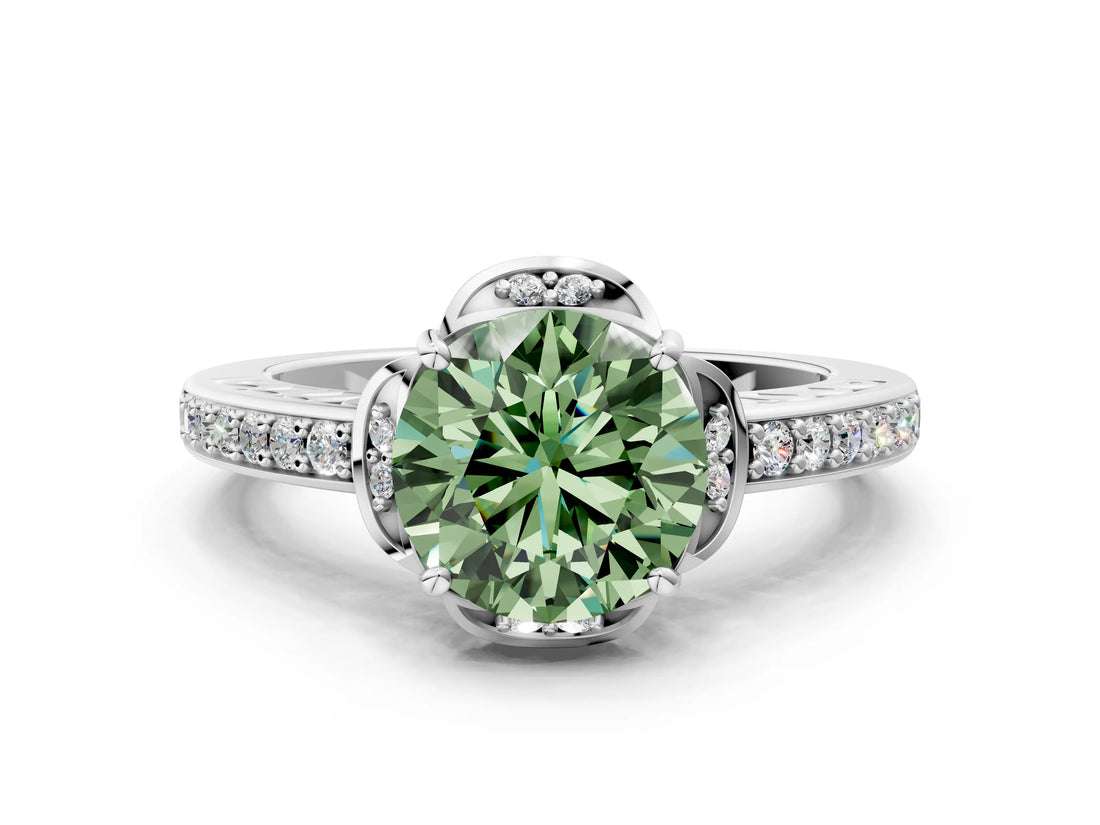 White gold Fancy Green Round  Cut Halo Diamond Ring with Channel Set Band and Four-Prong Setting_32