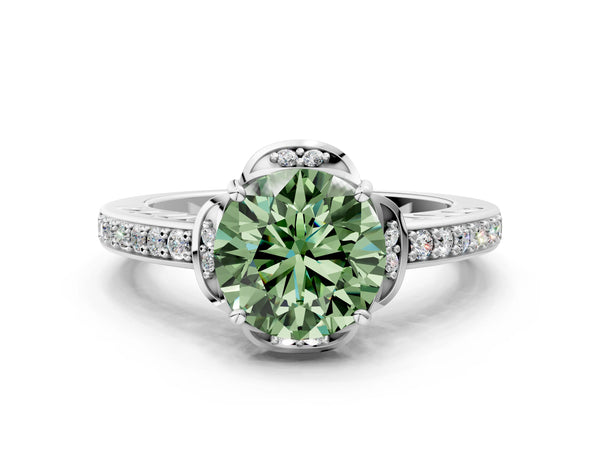 White gold Fancy Green Round  Cut Halo Diamond Ring with Channel Set Band and Four-Prong Setting