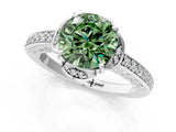White gold Fancy Green Round  Cut Halo Diamond Ring with Channel Set Band and Four-Prong Setting_33