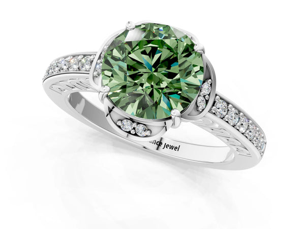 White gold Fancy Green Round  Cut Halo Diamond Ring with Channel Set Band and Four-Prong Setting