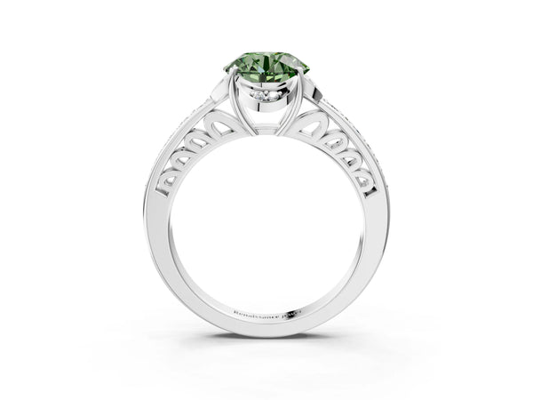 White gold Fancy Green Round  Cut Halo Diamond Ring with Channel Set Band and Four-Prong Setting