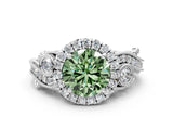 White gold Fancy Green Round Cut Halo Diamond Ring with Milgrain and Bezel Accents on a Split Shank Band_12