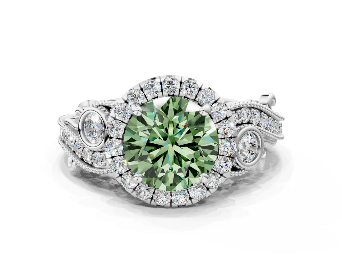 White gold Fancy Green Round Cut Halo Diamond Ring with Milgrain and Bezel Accents on a Split Shank Band_12